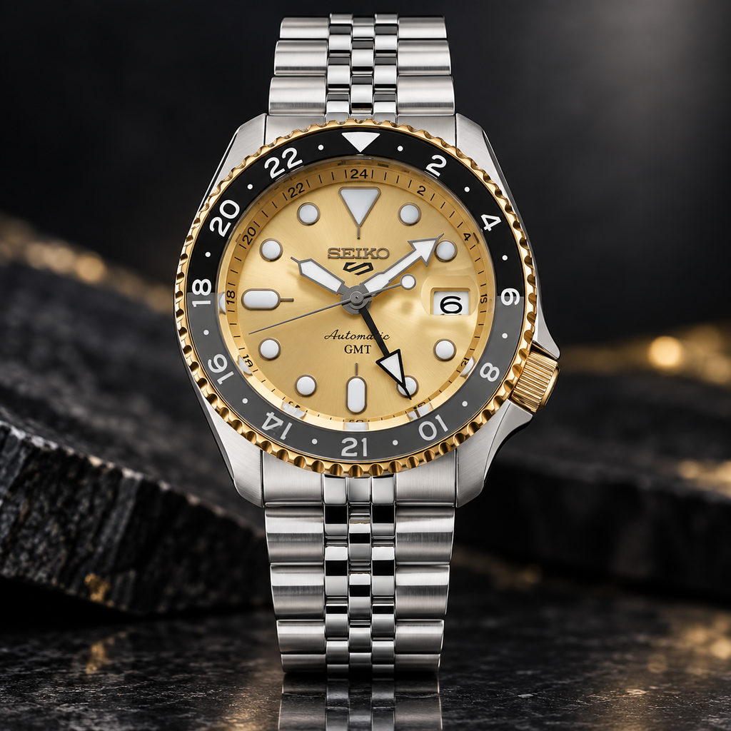 Seiko 5 Sports GMT SSK044K1 gold dial black bezel studio product view