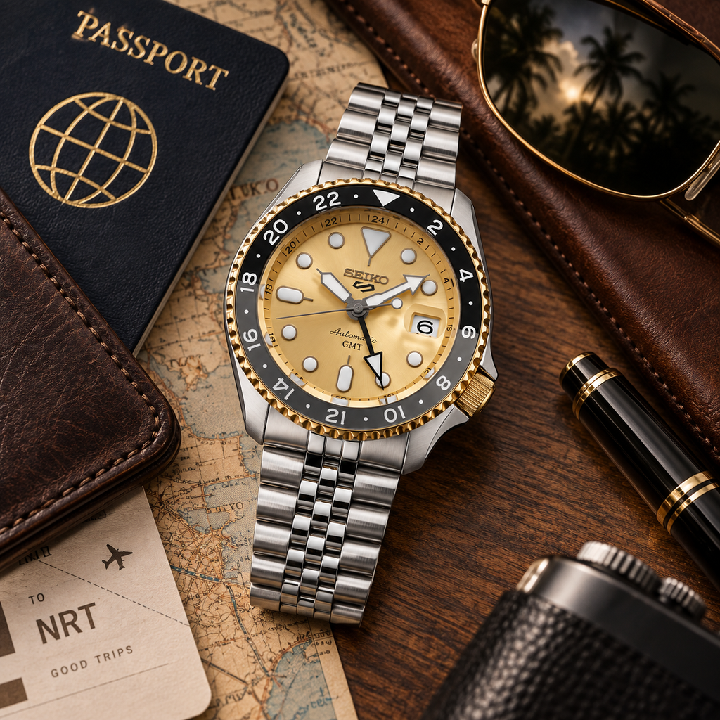Seiko 5 Sports GMT SSK044K1 gold dial travel flat lay