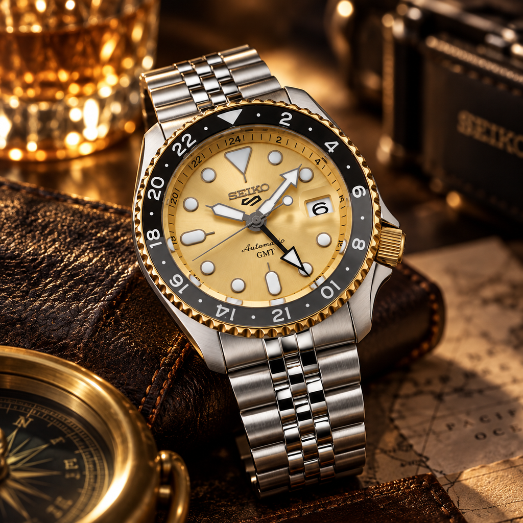 Seiko 5 Sports GMT SSK044K1 gold dial luxury travel lifestyle view
