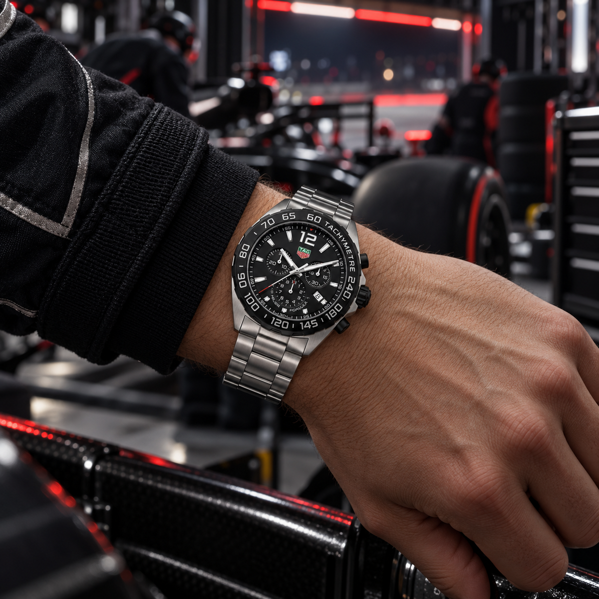 TAG Heuer Formula 1 Chronograph CAZ1010.BA0842 steel watch on racing driver wrist