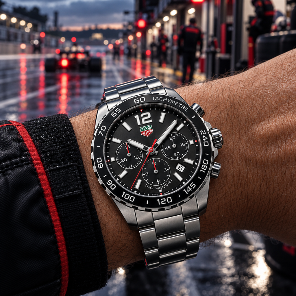 TAG Heuer Formula 1 Chronograph CAZ1011.BA0842 bilekte, yağmurlu pit yolu
