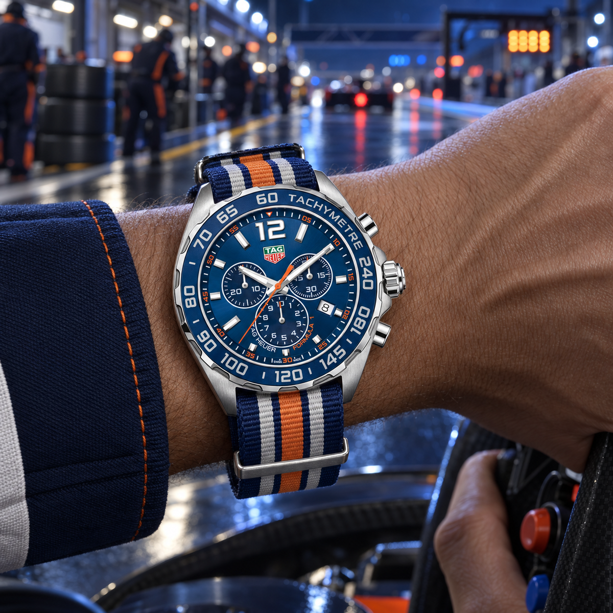 TAG Heuer Formula 1 CAZ1014.FC8196 on wrist with striped NATO strap