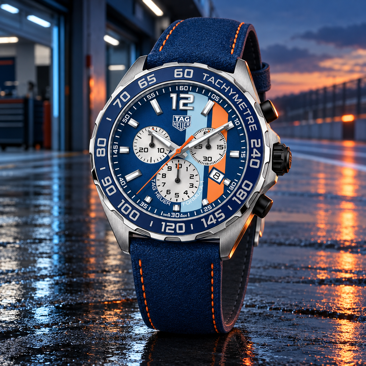 TAG Heuer Formula 1 x Gulf CAZ101N.FC8243 hero at dusk pit lane