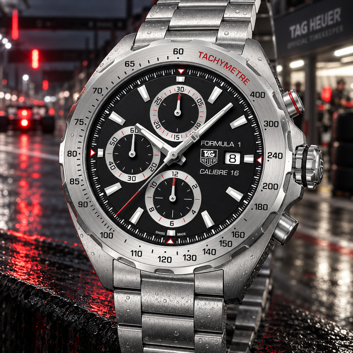 TAG Heuer Formula 1 CAZ2010.BA0876 black dial and steel tachymeter macro