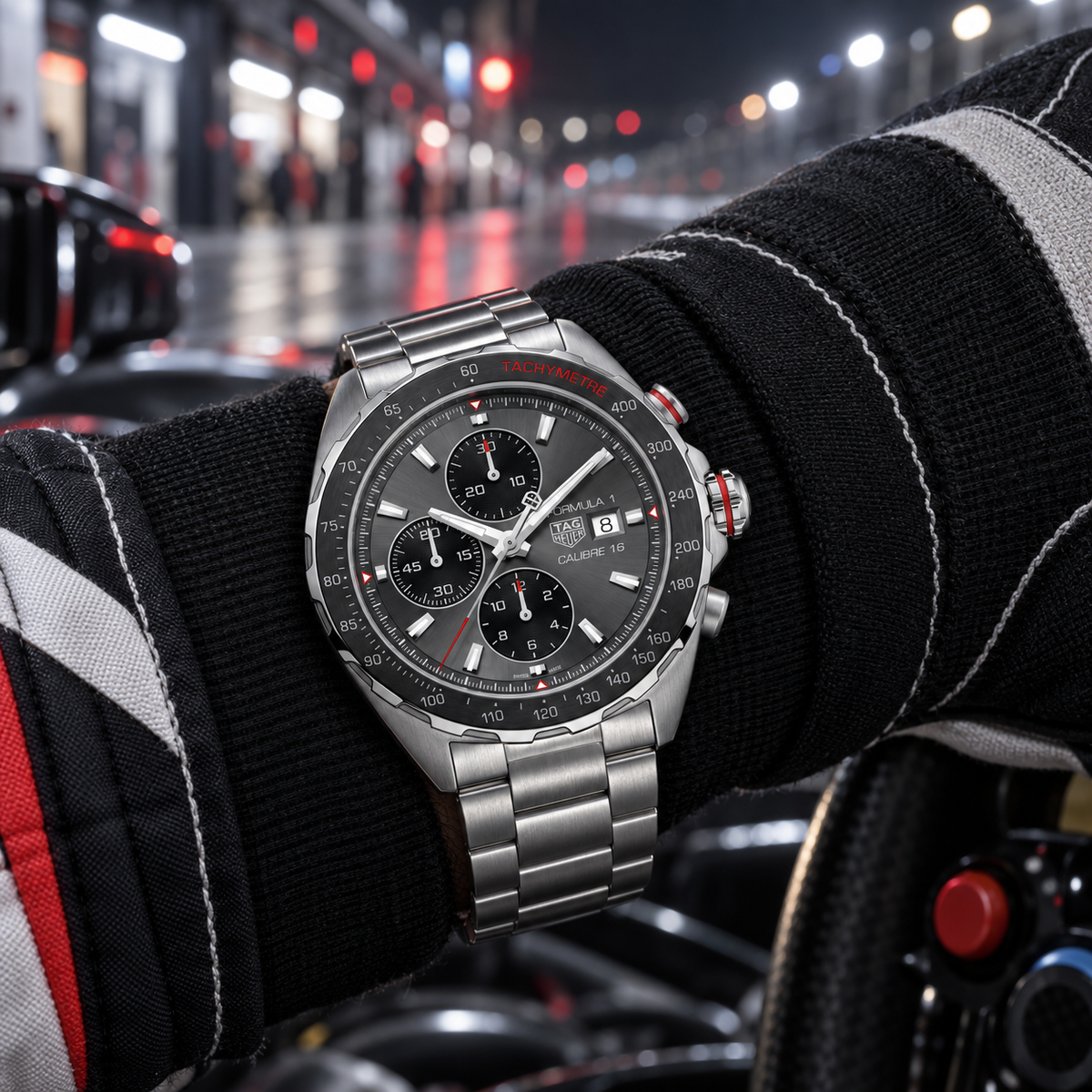 TAG Heuer Formula 1 CAZ2012.BA0876 full steel watch on racing driver wrist