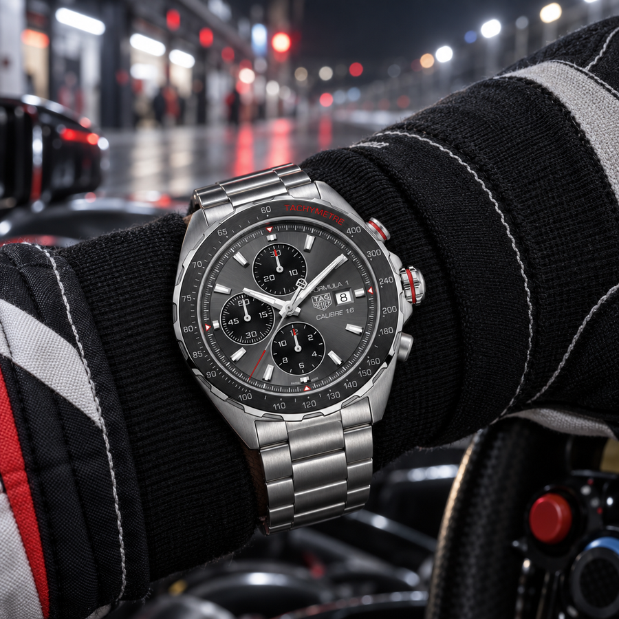 TAG Heuer Formula 1 CAZ2012.BA0876 full steel watch on racing driver wrist