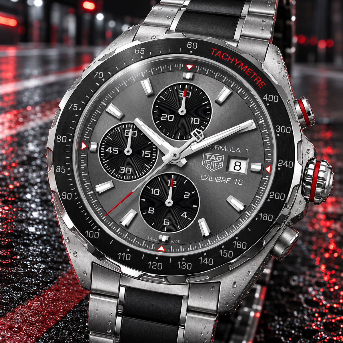 TAG Heuer Formula 1 CAZ2012.BA0970 grey chronograph dial and tachymeter macro