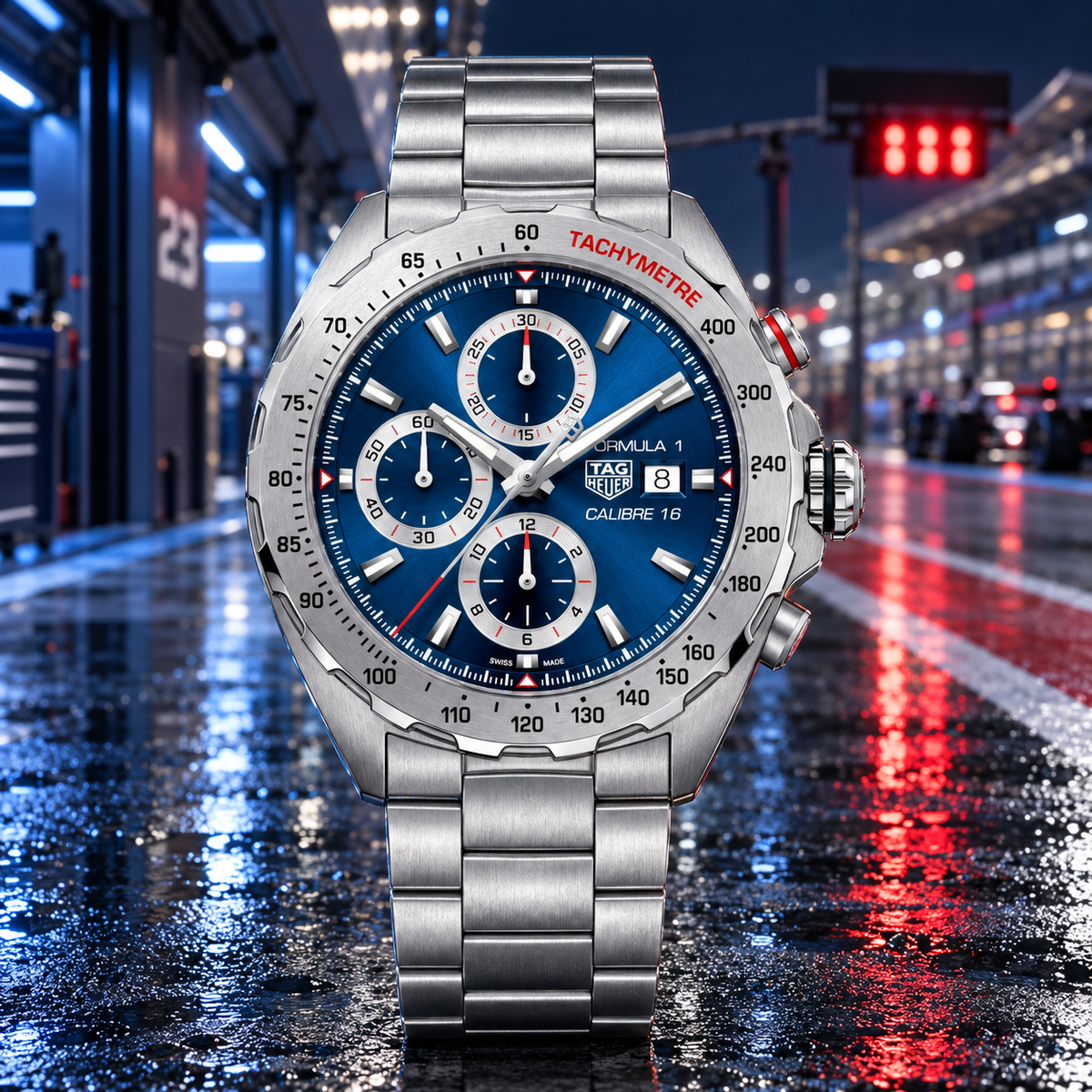 TAG Heuer Formula 1 CAZ2015.BA0876 blue automatic chronograph hero on wet pit lane