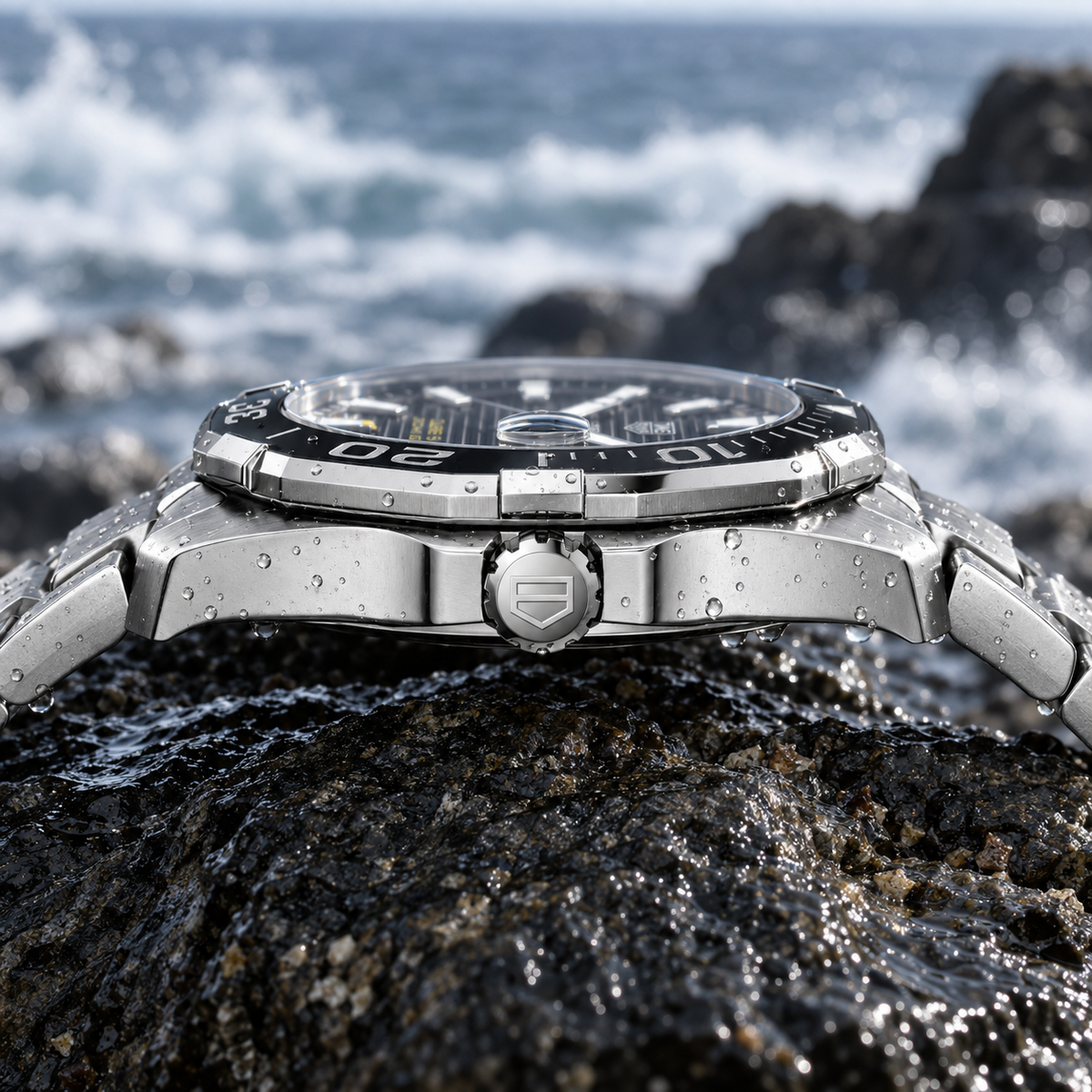 TAG Heuer Aquaracer WAY201A.BA0927 crown bezel and steel bracelet profile