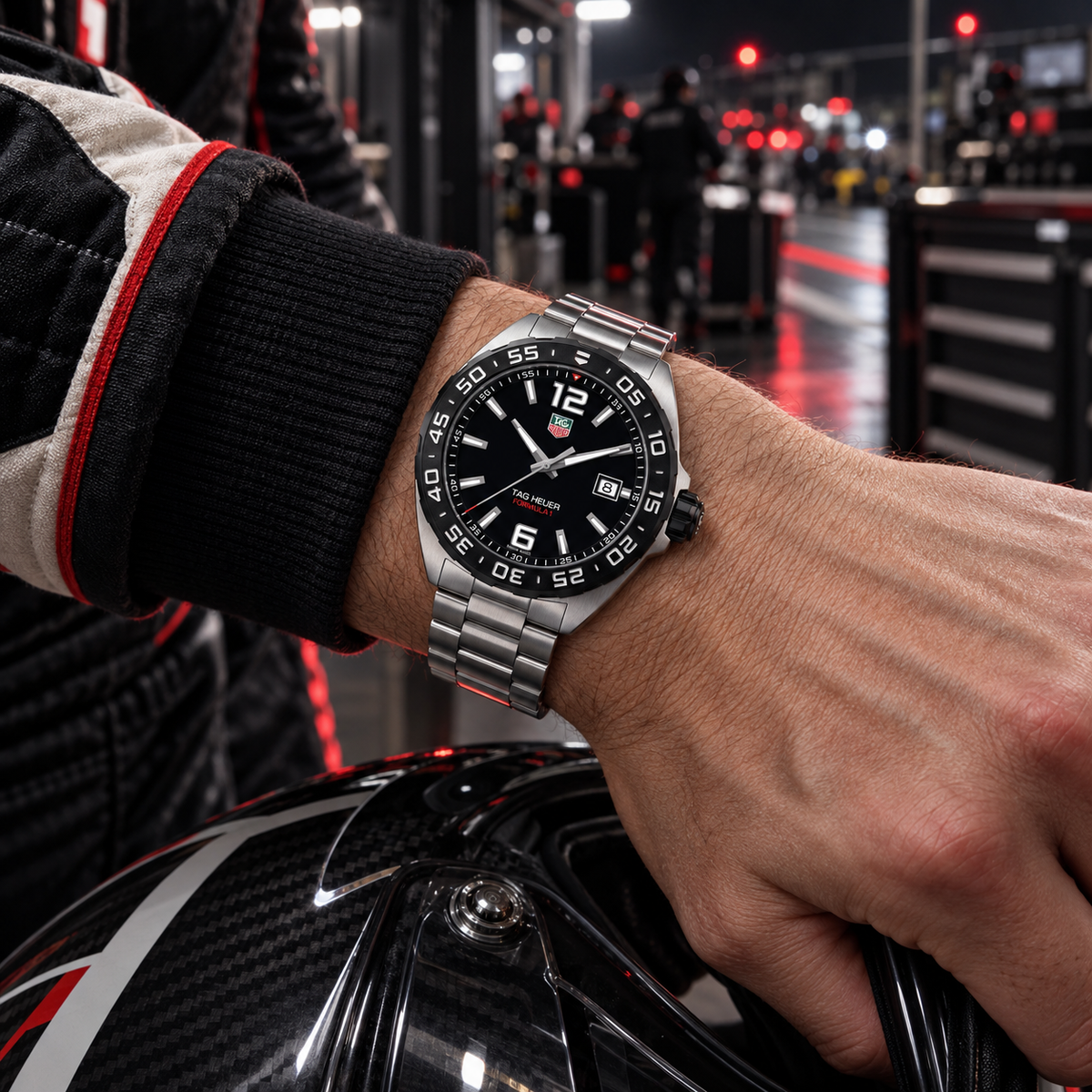 TAG Heuer Formula 1 Date WAZ1110.BA0875 steel watch on racing driver wrist