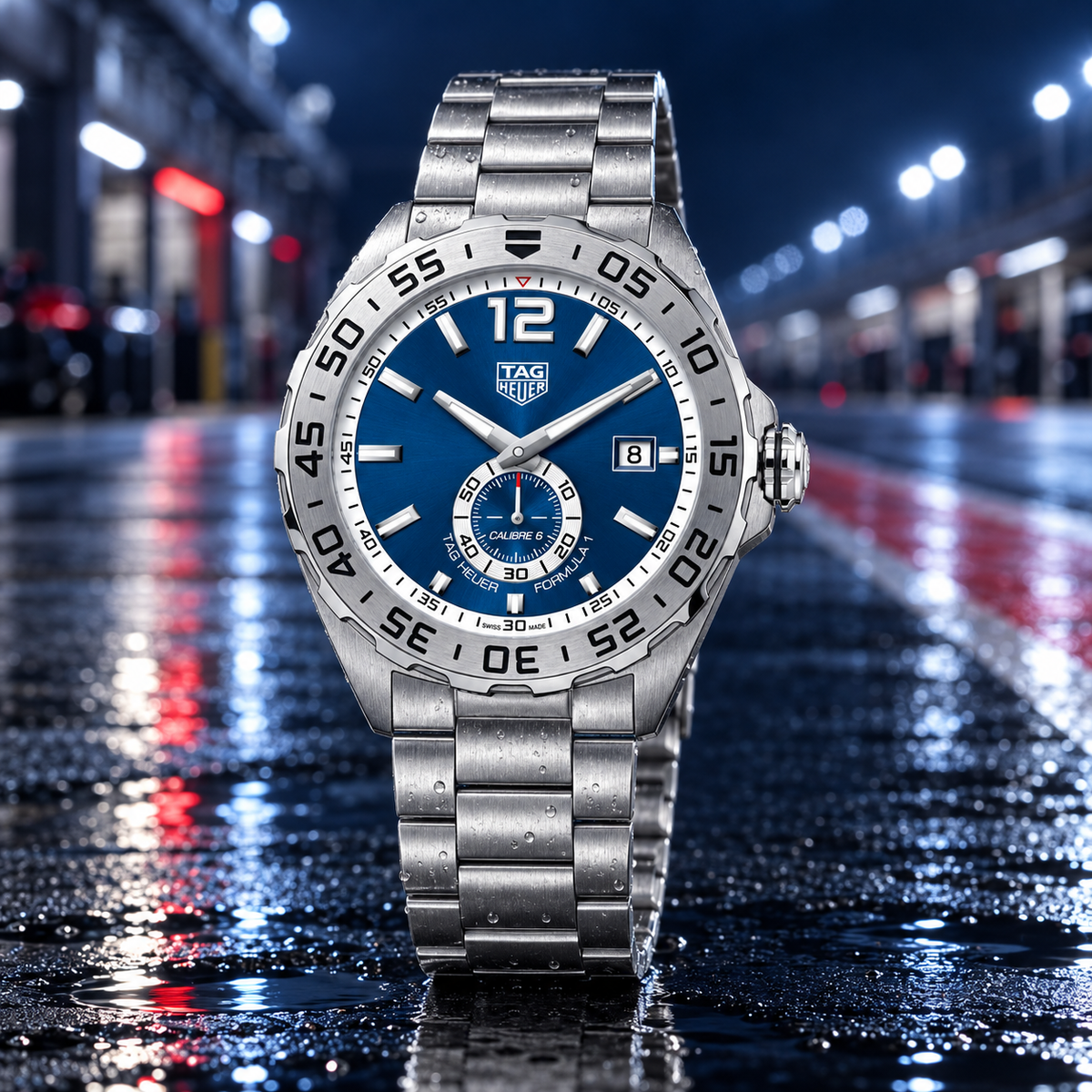 TAG Heuer Formula 1 WAZ2014.BA0842 blue Calibre 6 hero at wet paddock
