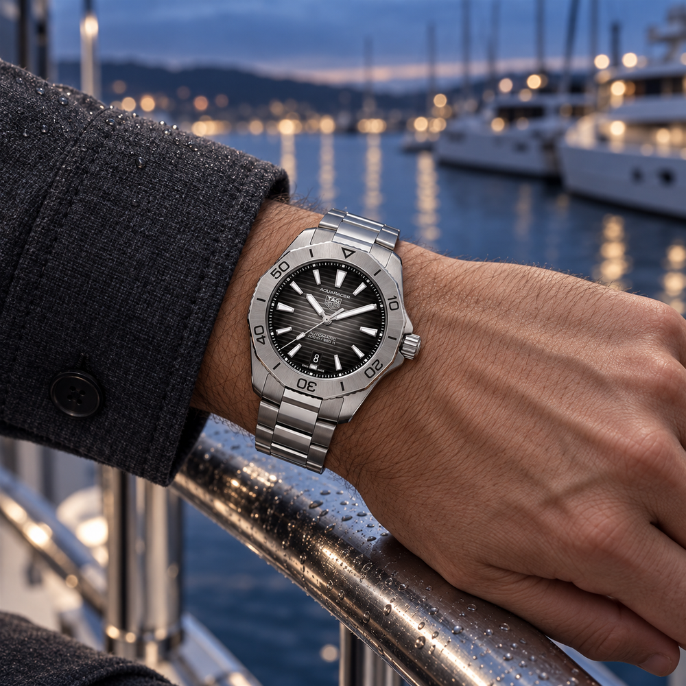TAG Heuer Aquaracer WBP2110.BA0627 on wrist at modern marina