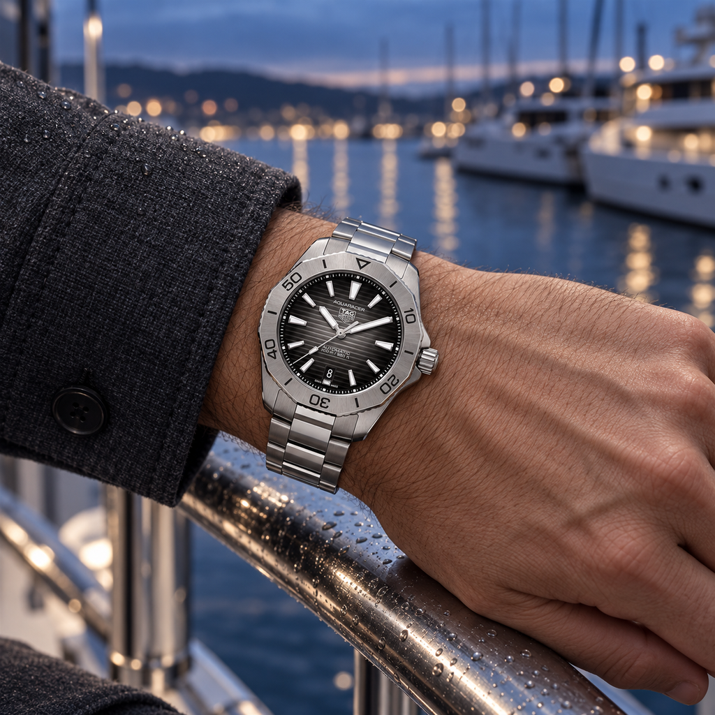 TAG Heuer Aquaracer WBP2110.BA0627 on wrist at modern marina