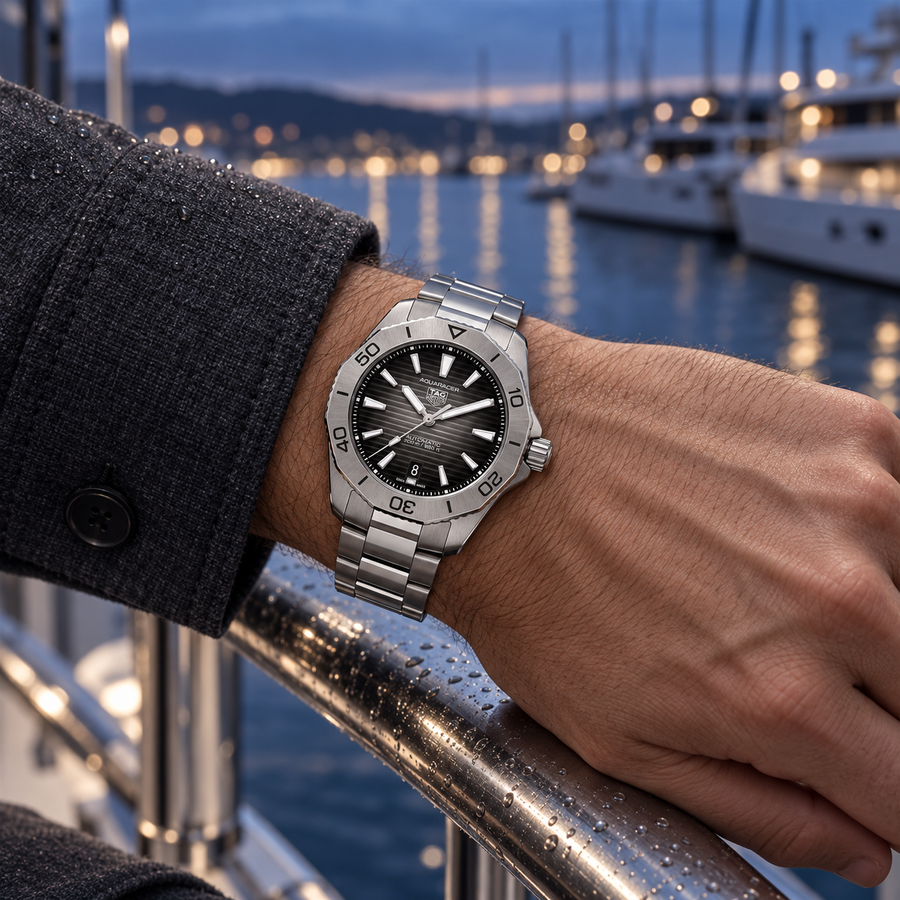 TAG Heuer Aquaracer WBP2110.BA0627 on wrist at modern marina