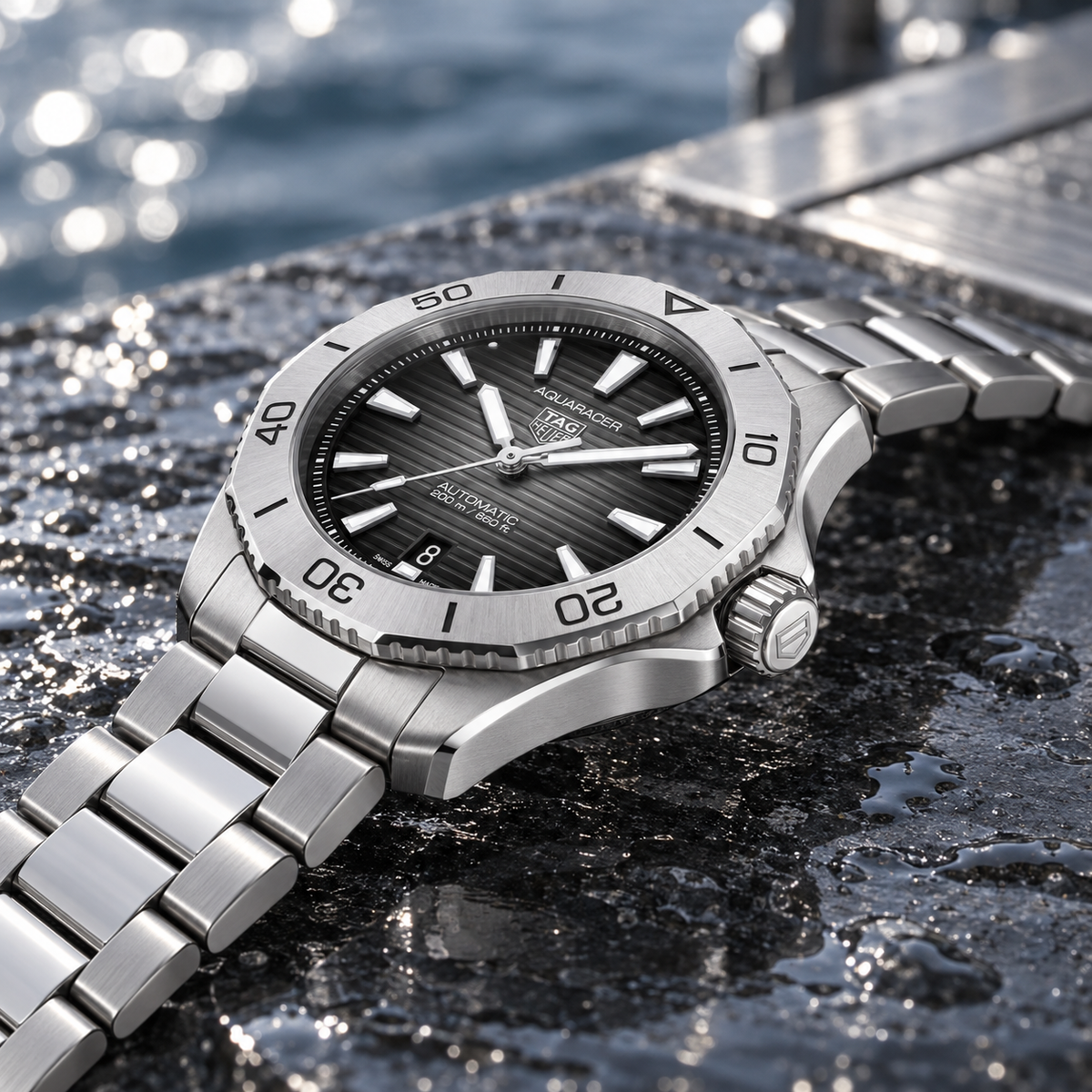 TAG Heuer Aquaracer WBP2110.BA0627 crown steel bezel and tapered bracelet profile