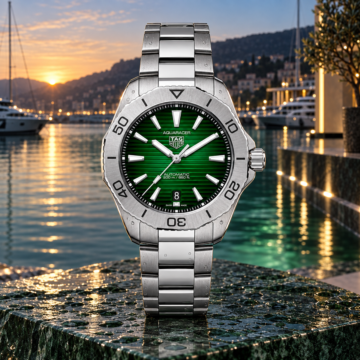 TAG Heuer Aquaracer WBP2115.BA0627 green dial hero at marina