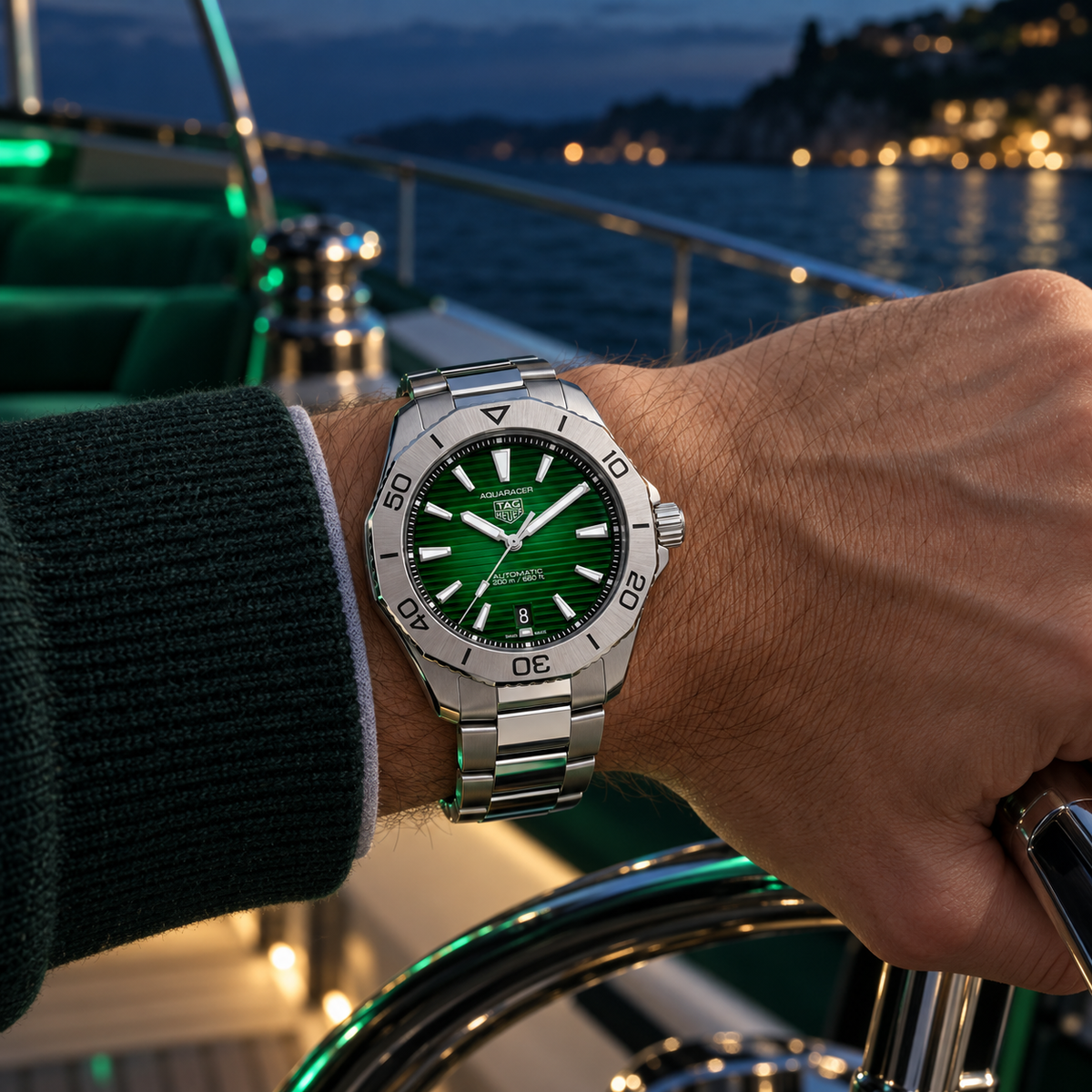 TAG Heuer Aquaracer WBP2115.BA0627 on wrist aboard yacht