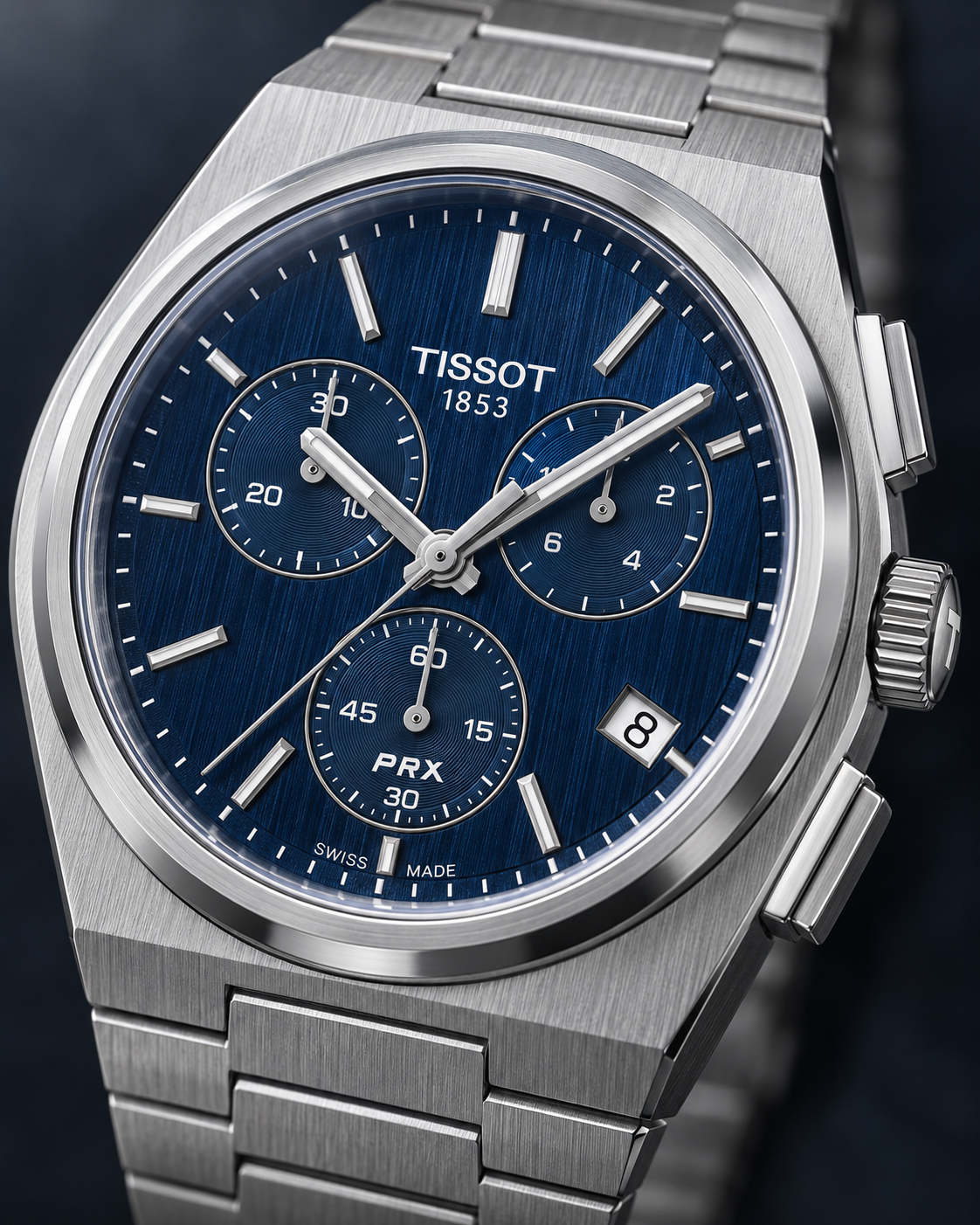 Tissot PRX 41mm blue chronograph dial macro T137.417.11.041.00