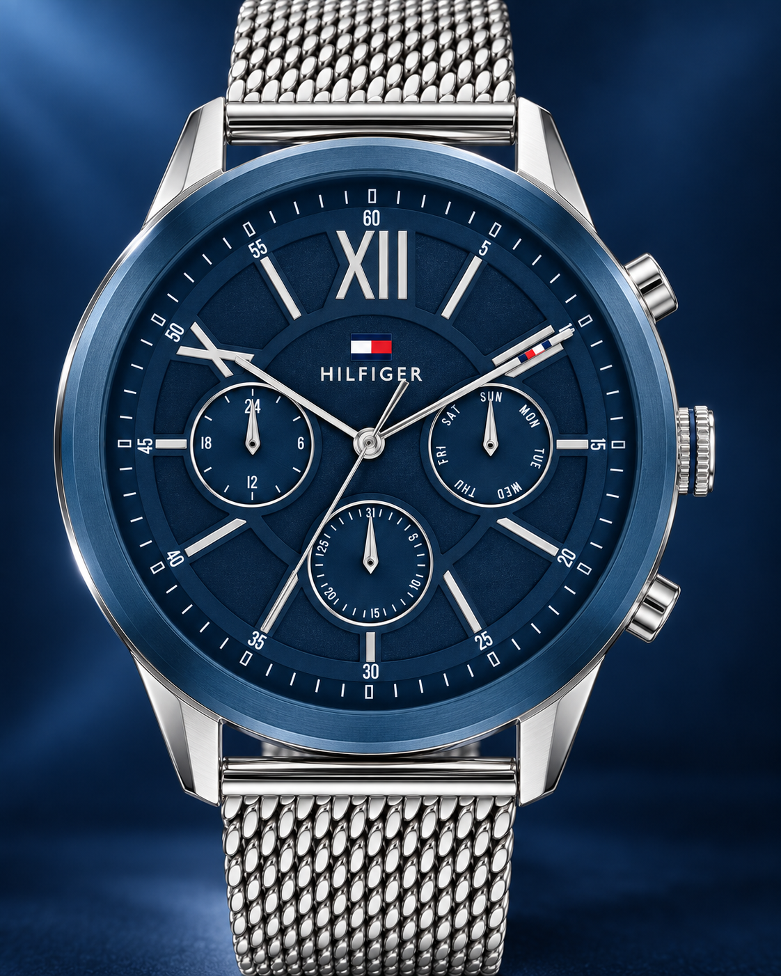 Tommy Hilfiger Morrison Men's Multifunction Watch – Blue Dial, Silver Mesh Bracelet, 44mm – 1710524 – dial macro