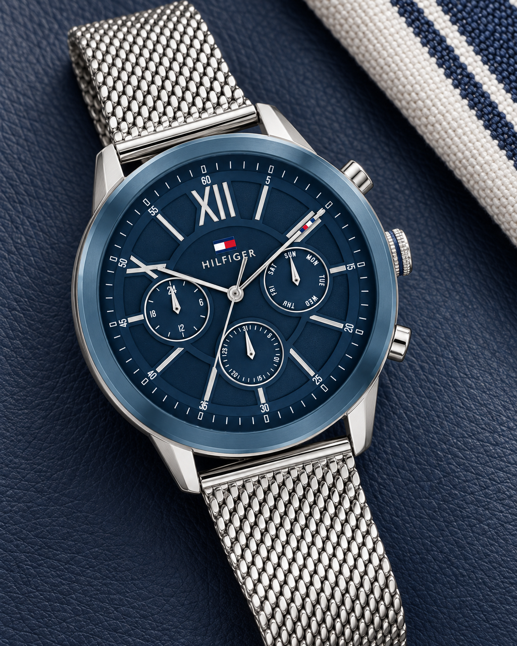Tommy Hilfiger Morrison Men's Multifunction Watch – Blue Dial, Silver Mesh Bracelet, 44mm – 1710524 – luxury flat lay