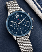 Tommy Hilfiger Morrison Men's Multifunction Watch – Blue Dial, Silver Mesh Bracelet, 44mm – 1710524 – luxury flat lay