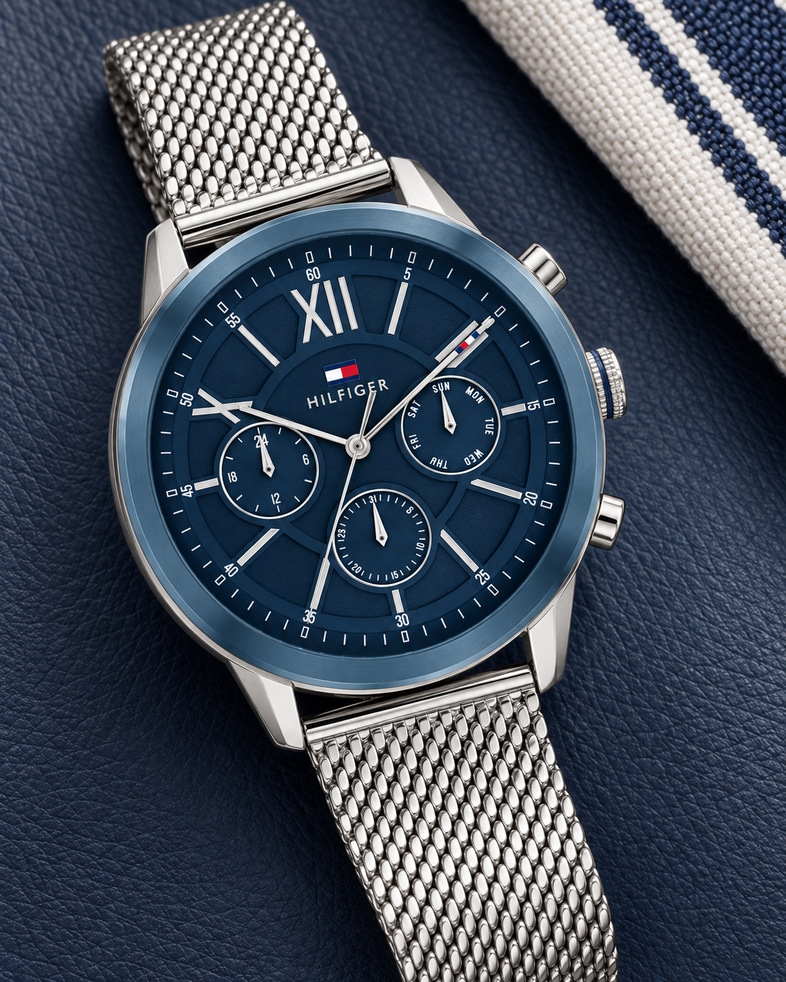 Tommy Hilfiger Morrison Men's Multifunction Watch – Blue Dial, Silver Mesh Bracelet, 44mm – 1710524 – luxury flat lay