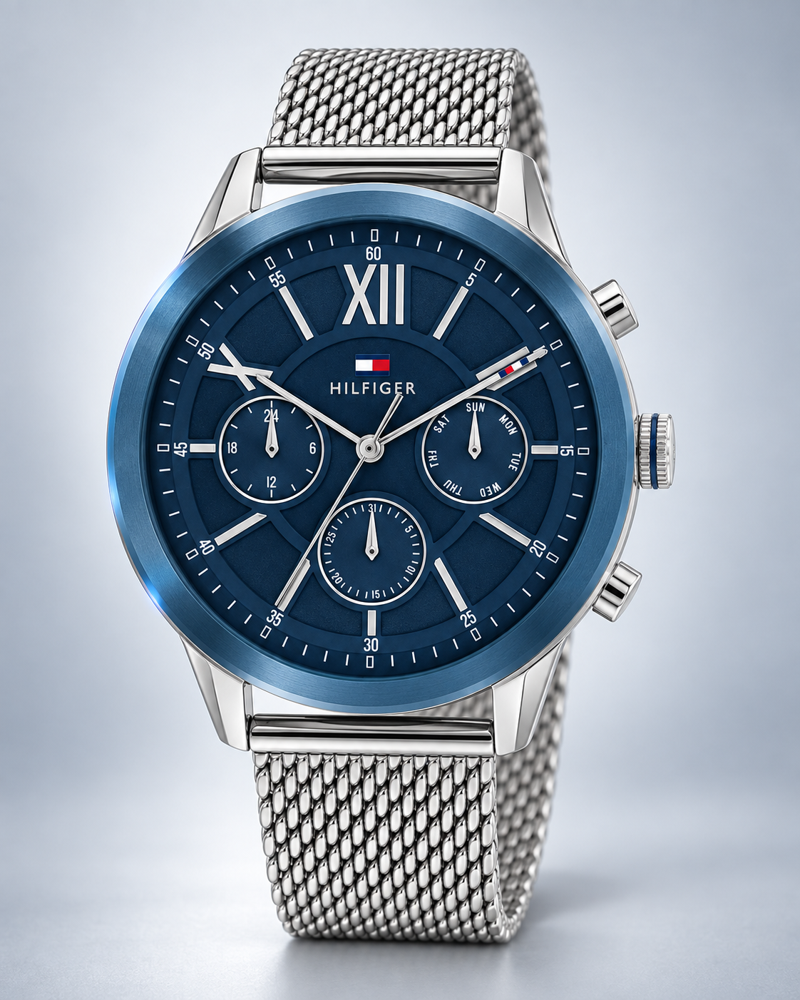 Tommy Hilfiger Morrison Men's Multifunction Watch – Blue Dial, Silver Mesh Bracelet, 44mm – 1710524 – studio hero