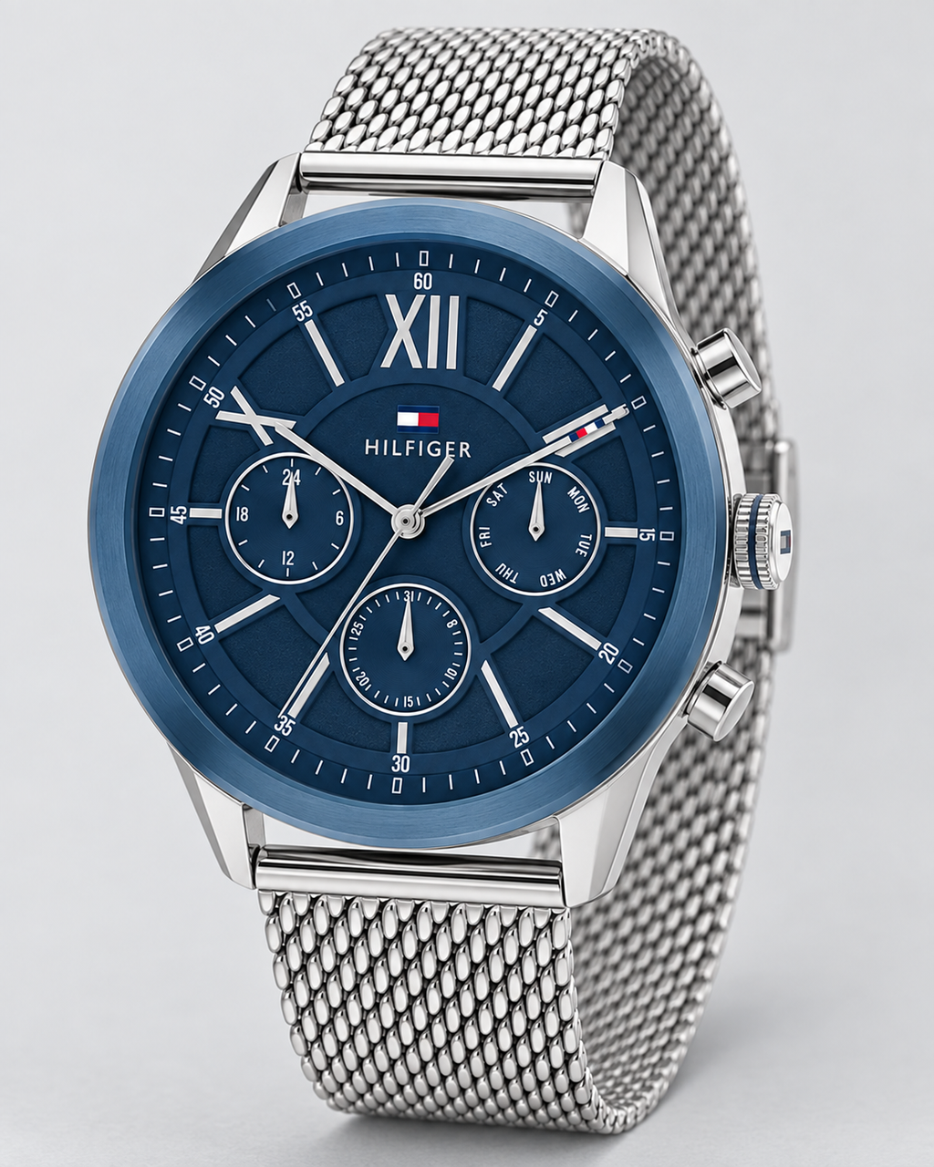 Tommy Hilfiger Morrison Men's Multifunction Watch – Blue Dial, Silver Mesh Bracelet, 44mm – 1710524 – three-quarter profile