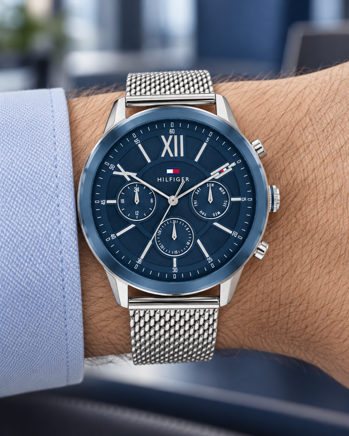 Tommy Hilfiger Morrison Men's Multifunction Watch – Blue Dial, Silver Mesh Bracelet, 44mm – 1710524 – wrist view