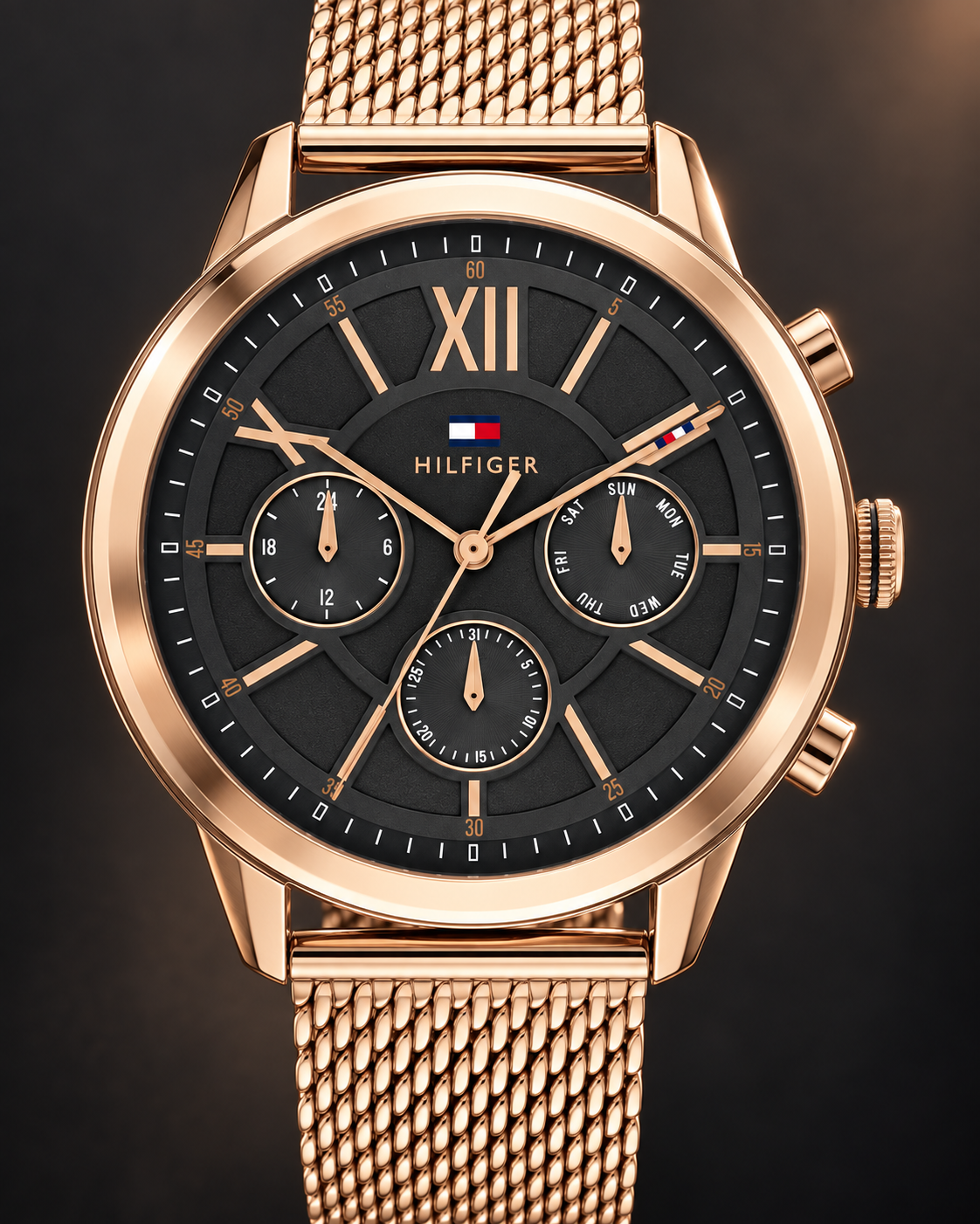 Tommy Hilfiger Morrison Men's Multifunction Watch – Black Dial, Rose Gold Mesh Bracelet, 44mm – 1710525 – dial macro