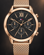 Tommy Hilfiger Morrison Men's Multifunction Watch – Black Dial, Rose Gold Mesh Bracelet, 44mm – 1710525 – dial macro