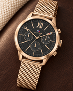 Tommy Hilfiger Morrison Men's Multifunction Watch – Black Dial, Rose Gold Mesh Bracelet, 44mm – 1710525 – luxury flat lay