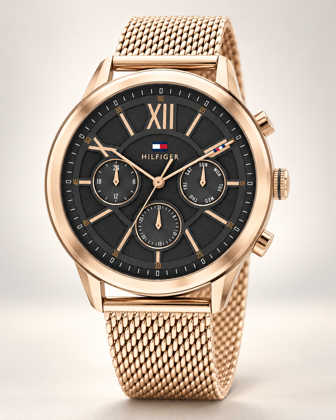 Tommy Hilfiger Morrison Men's Multifunction Watch – Black Dial, Rose Gold Mesh Bracelet, 44mm – 1710525 – studio hero