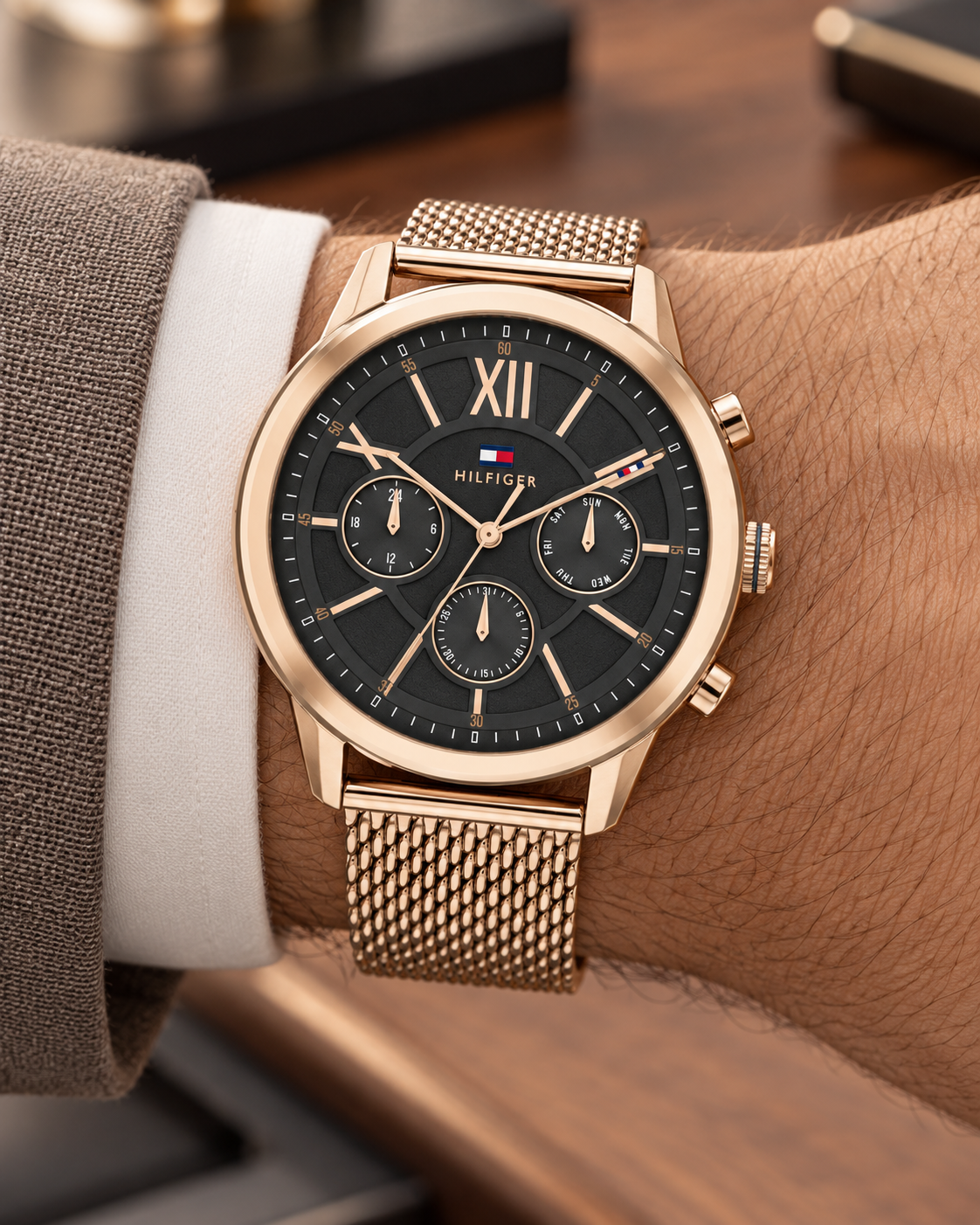 Tommy Hilfiger Morrison Men's Multifunction Watch – Black Dial, Rose Gold Mesh Bracelet, 44mm – 1710525 – wrist view