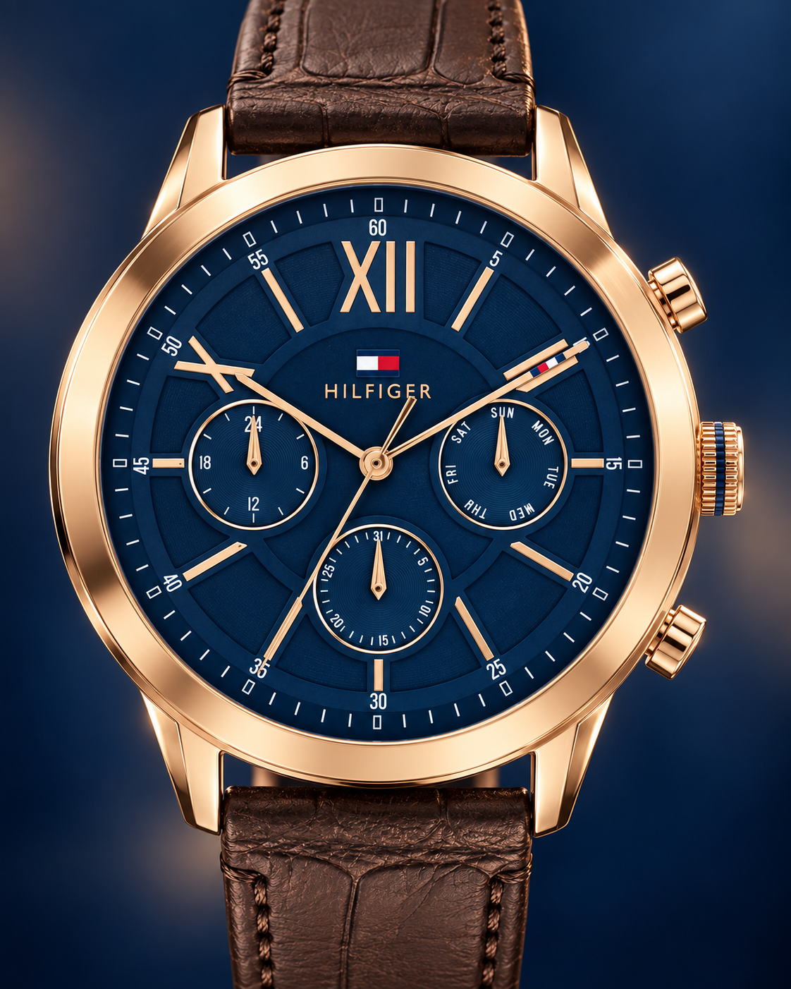 Tommy Hilfiger Morrison Men's Multifunction Watch – Blue Dial, Brown Leather Strap, 44mm – 1710526 – dial macro