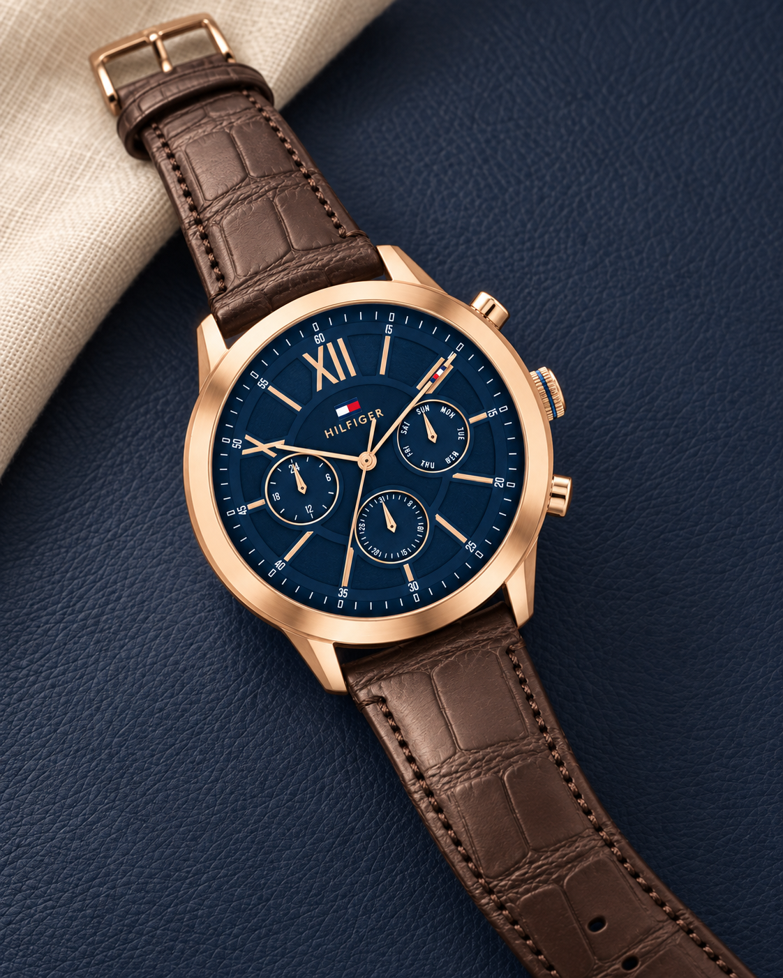 Tommy Hilfiger Morrison Men's Multifunction Watch – Blue Dial, Brown Leather Strap, 44mm – 1710526 – luxury flat lay