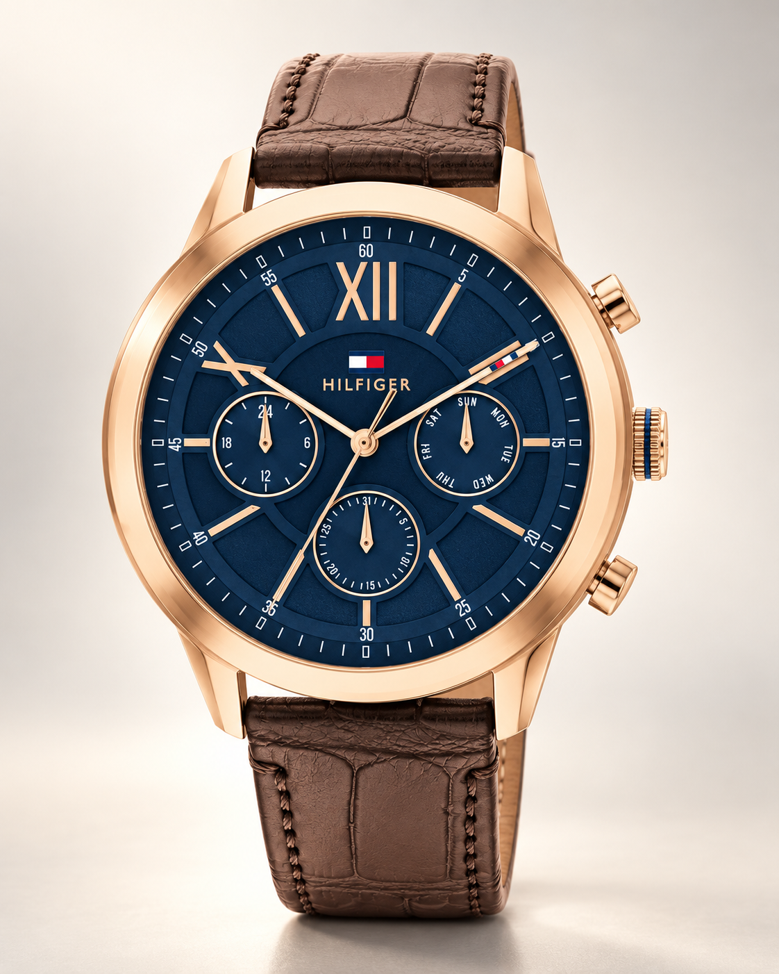 Tommy Hilfiger Morrison Men's Multifunction Watch – Blue Dial, Brown Leather Strap, 44mm – 1710526 – studio hero