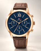 Tommy Hilfiger Morrison Men's Multifunction Watch – Blue Dial, Brown Leather Strap, 44mm – 1710526 – studio hero