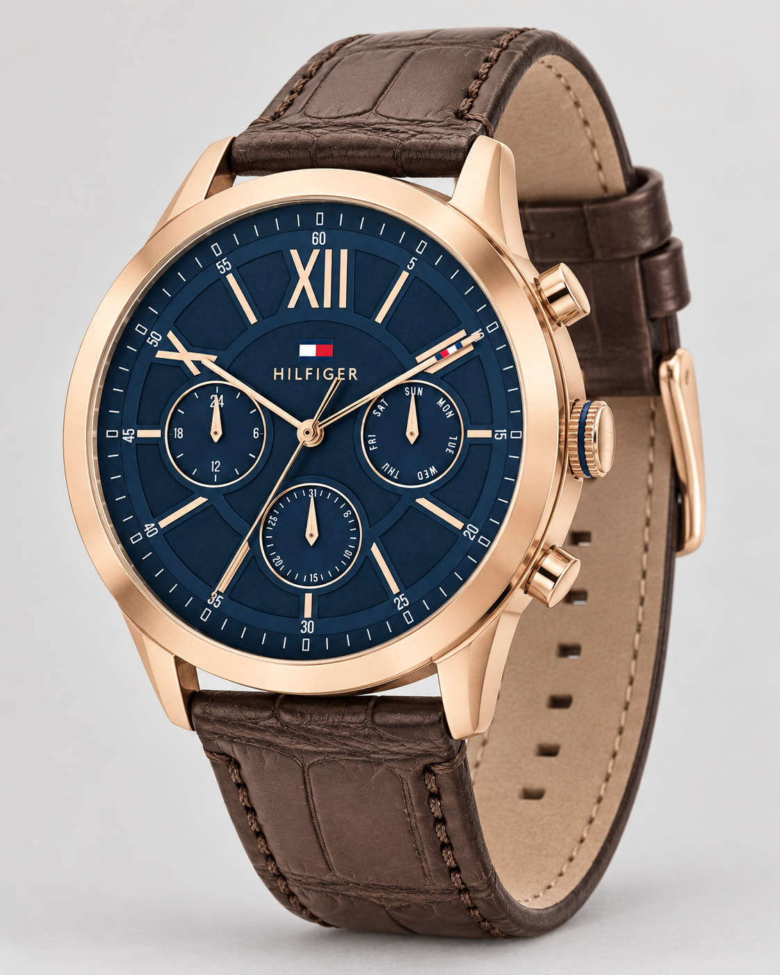 Tommy Hilfiger Morrison Men's Multifunction Watch – Blue Dial, Brown Leather Strap, 44mm – 1710526 – three-quarter profile