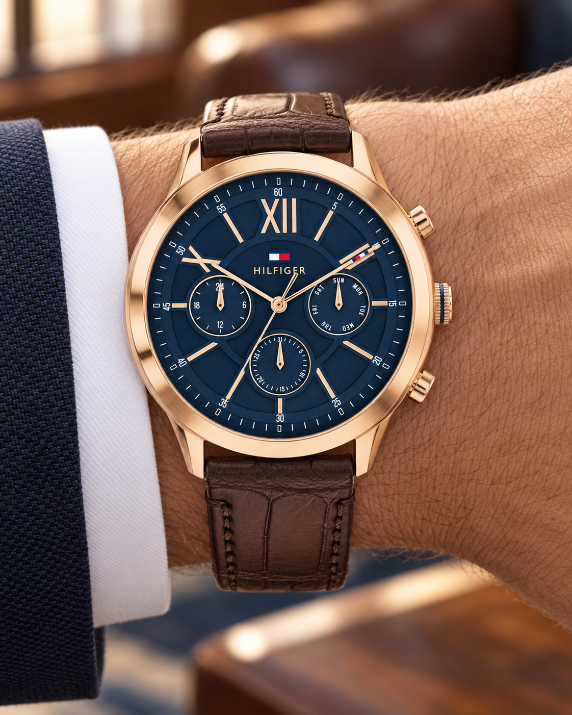 Tommy Hilfiger Morrison Men's Multifunction Watch – Blue Dial, Brown Leather Strap, 44mm – 1710526 – wrist view