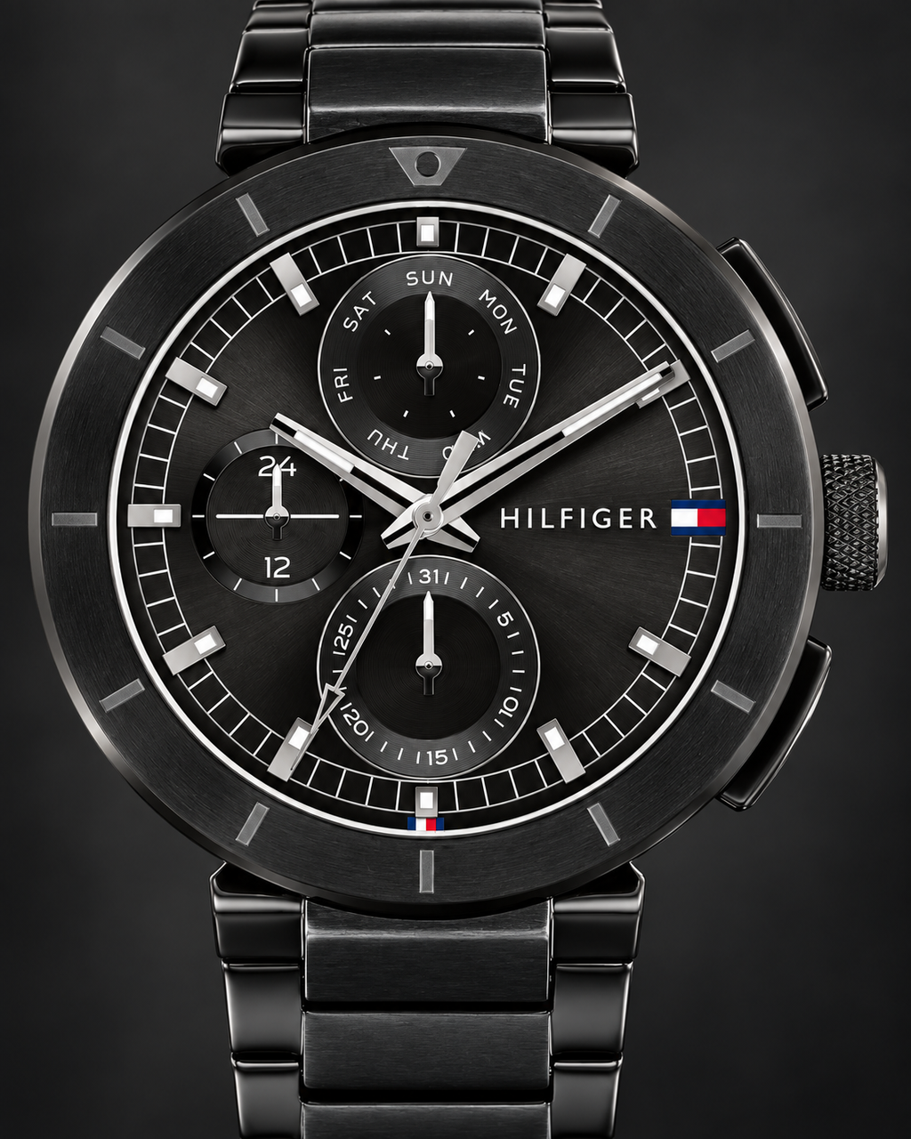 Tommy Hilfiger Lorenzo Men's Multifunction Watch – Black Dial, Black Steel Bracelet, 44mm – 1792119 – dial macro