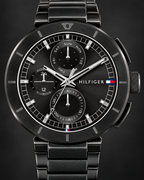 Tommy Hilfiger Lorenzo Men's Multifunction Watch – Black Dial, Black Steel Bracelet, 44mm – 1792119 – dial macro