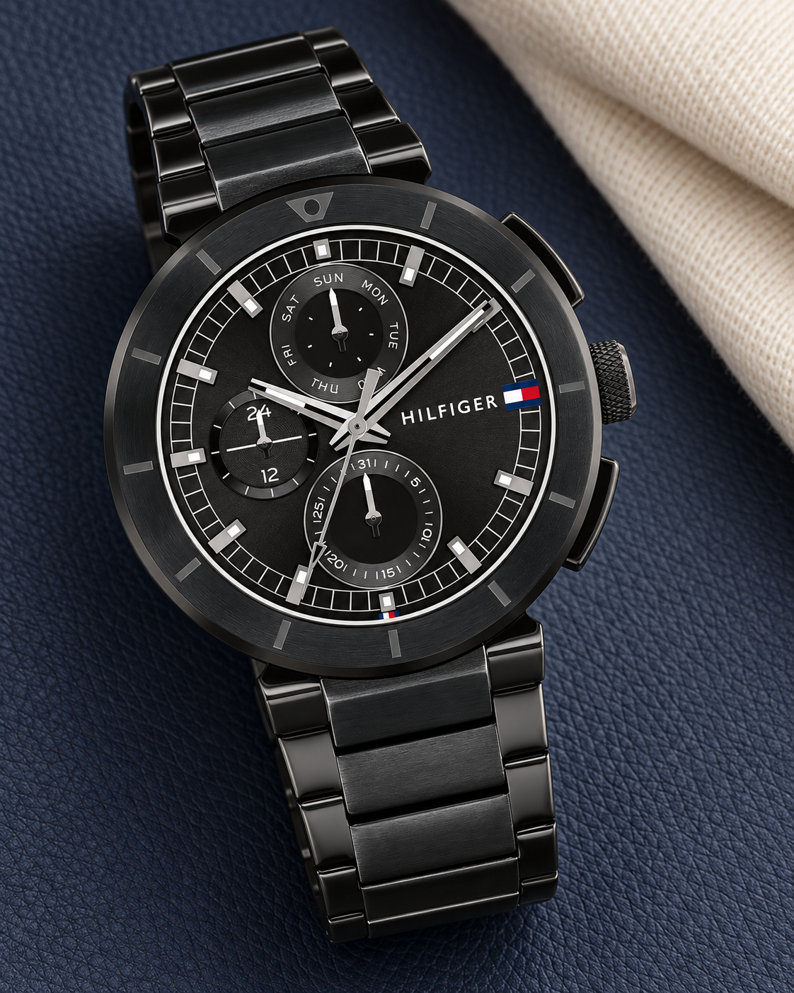 Tommy Hilfiger Lorenzo Men's Multifunction Watch – Black Dial, Black Steel Bracelet, 44mm – 1792119 – luxury flat lay