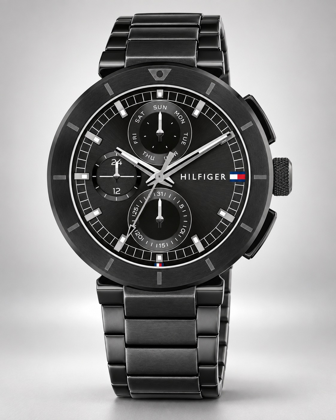 Tommy Hilfiger Lorenzo Men's Multifunction Watch – Black Dial, Black Steel Bracelet, 44mm – 1792119 – studio hero