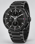 Tommy Hilfiger Lorenzo Men's Multifunction Watch – Black Dial, Black Steel Bracelet, 44mm – 1792119 – three-quarter profile