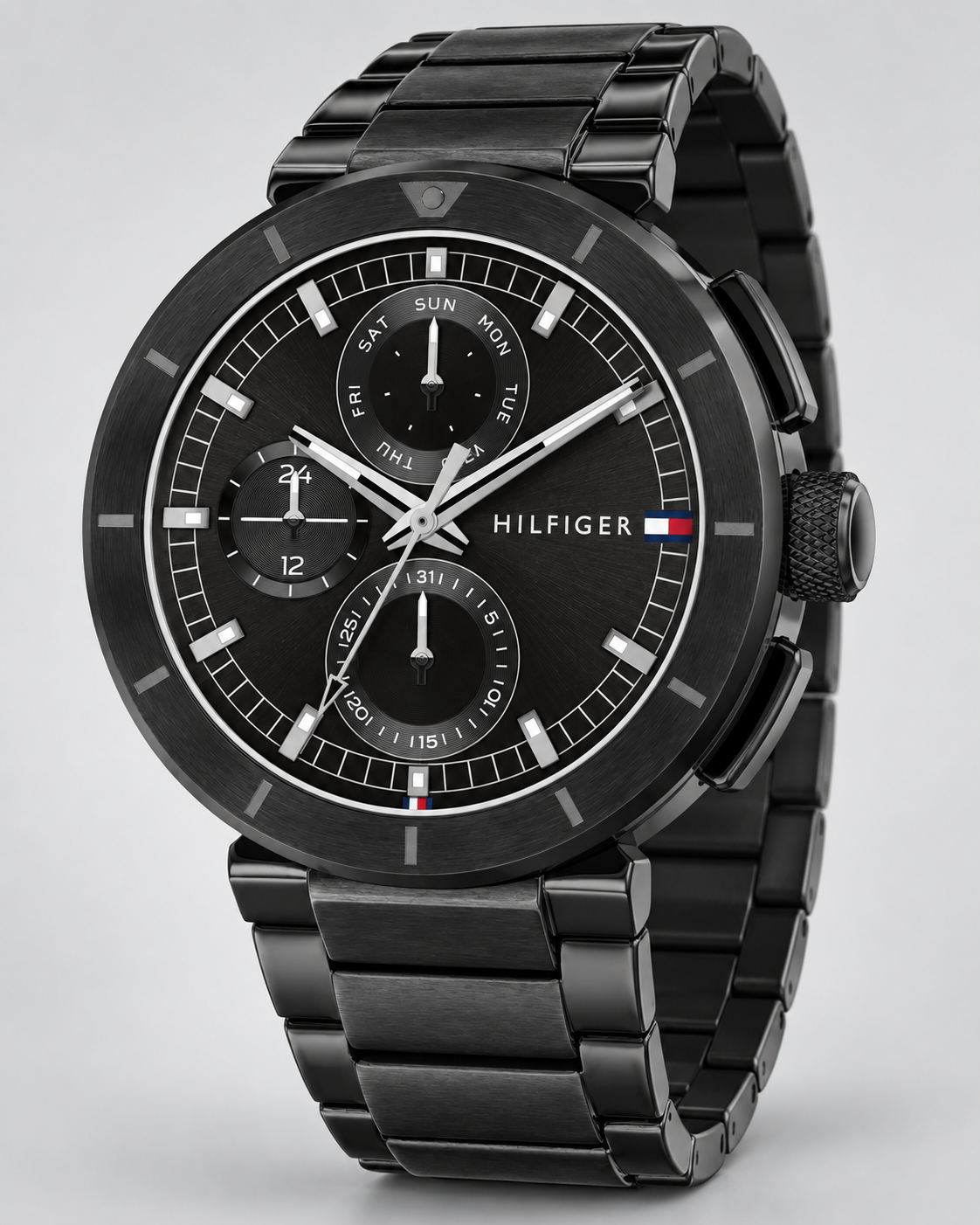 Tommy Hilfiger Lorenzo Men's Multifunction Watch – Black Dial, Black Steel Bracelet, 44mm – 1792119 – three-quarter profile