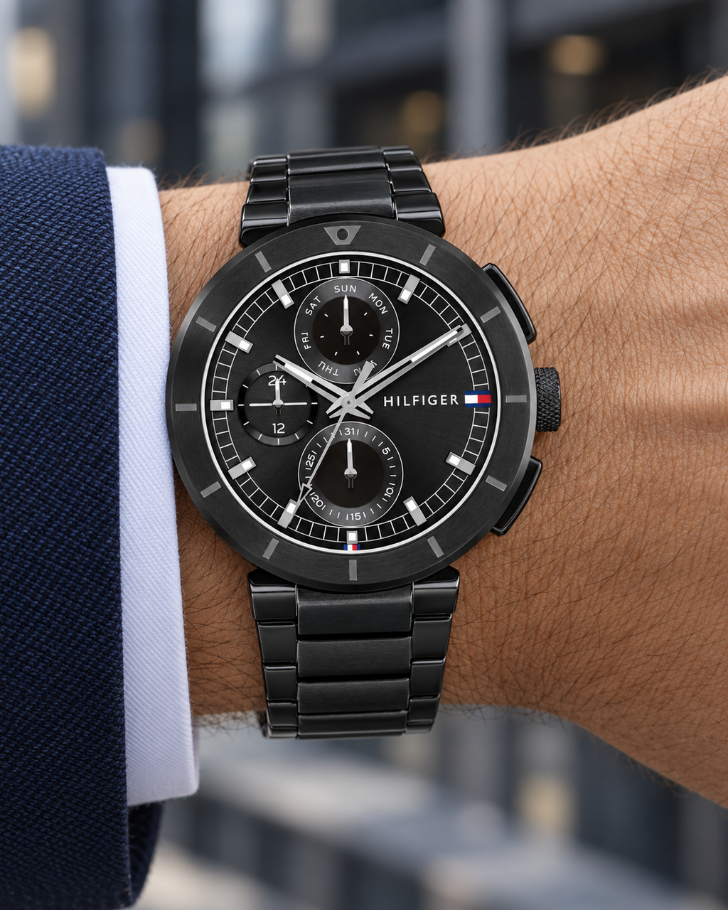 Tommy Hilfiger Lorenzo Men's Multifunction Watch – Black Dial, Black Steel Bracelet, 44mm – 1792119 – wrist view