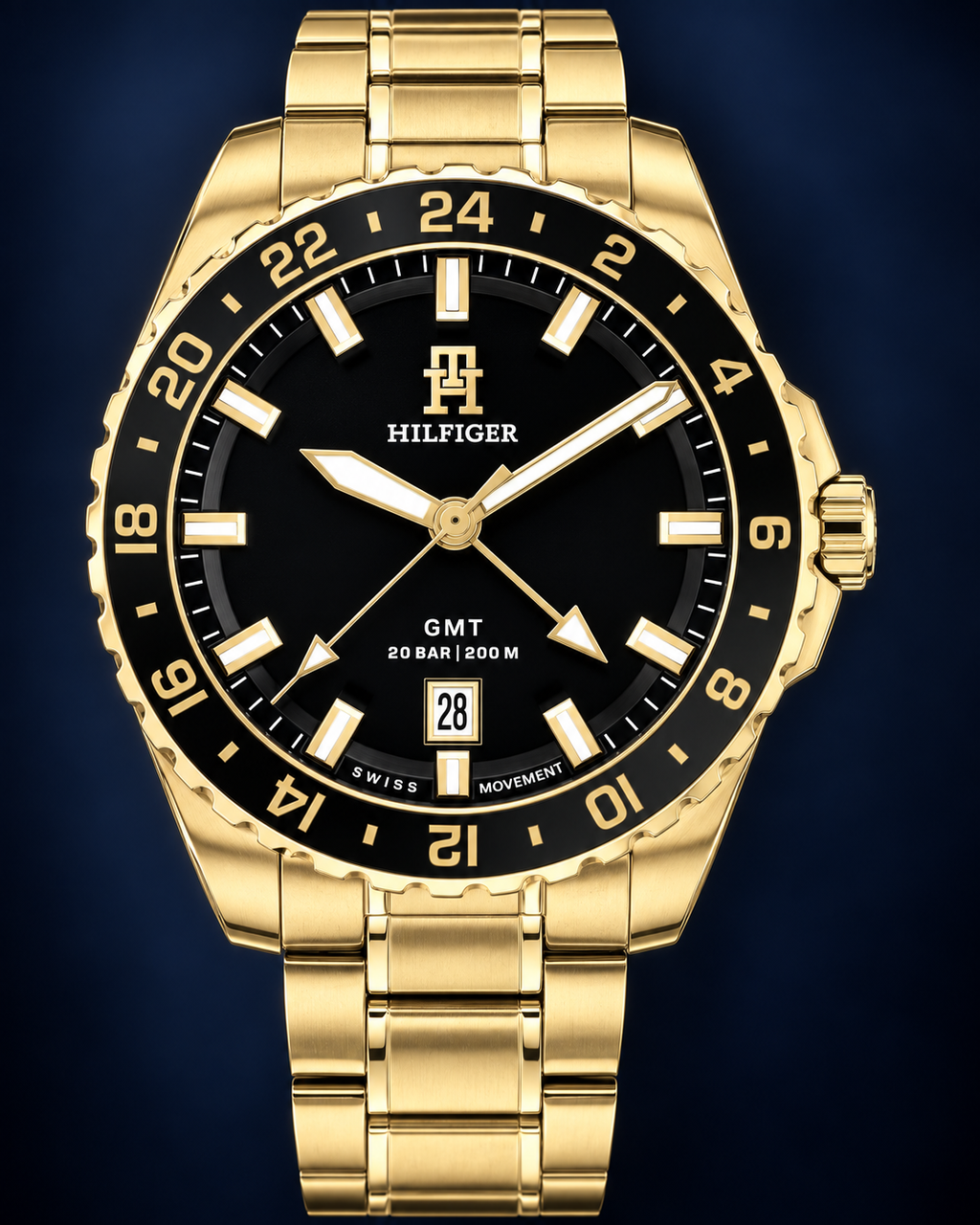 Tommy Hilfiger TH85 GMT Men's Watch – Black Dial, Gold Steel Bracelet, 42mm – 1792133 – dial macro