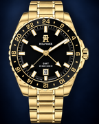Tommy Hilfiger TH85 GMT Men's Watch – Black Dial, Gold Steel Bracelet, 42mm – 1792133 – dial macro