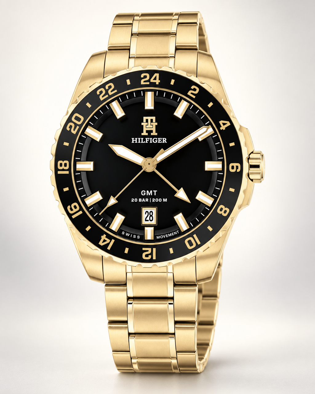 Tommy Hilfiger TH85 GMT Men's Watch – Black Dial, Gold Steel Bracelet, 42mm – 1792133 – studio hero